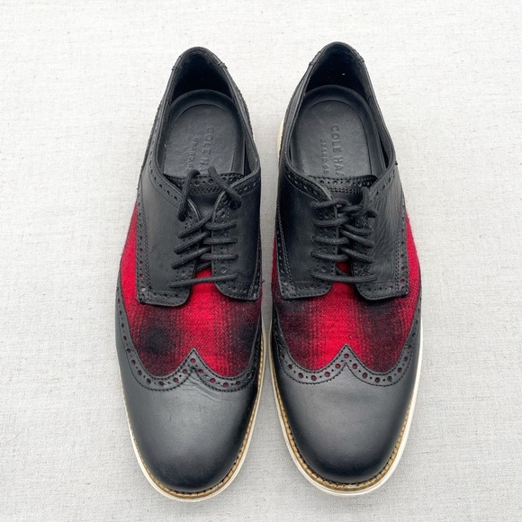Cole Haan Mens 9M Grand OS Wingtip Oxford Shoes Wool Paid Black Red Comfort - Picture 1 of 13